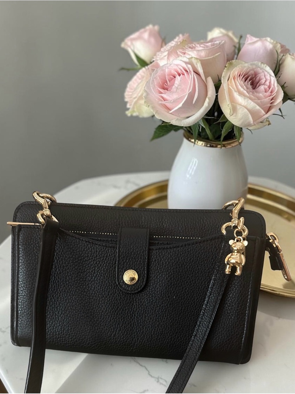 Coach Black Pebbled Leather Noa Messenger Bag & Built In Wallet With Gold Charm